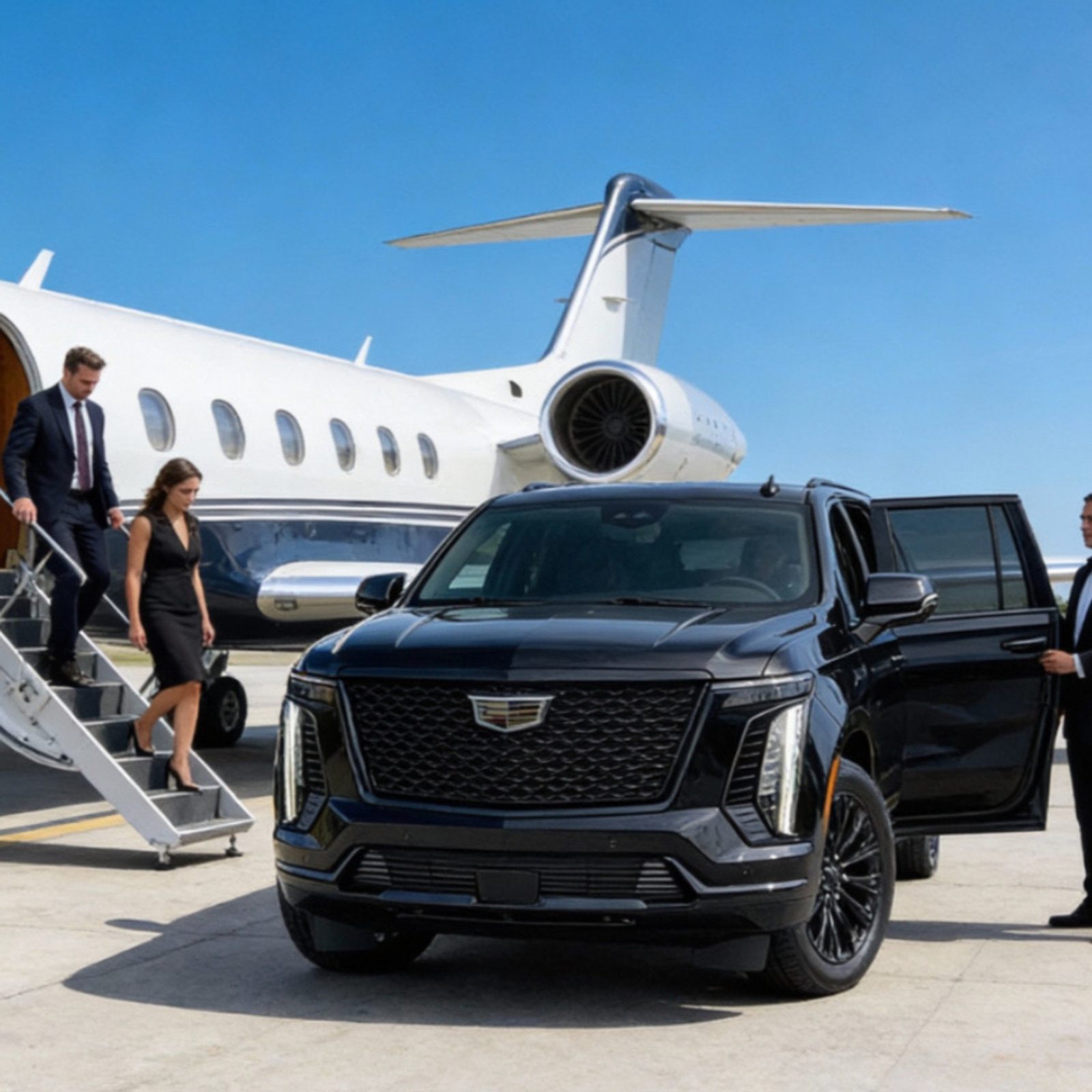 Chauffeured Escalade meeting guests at a private jet