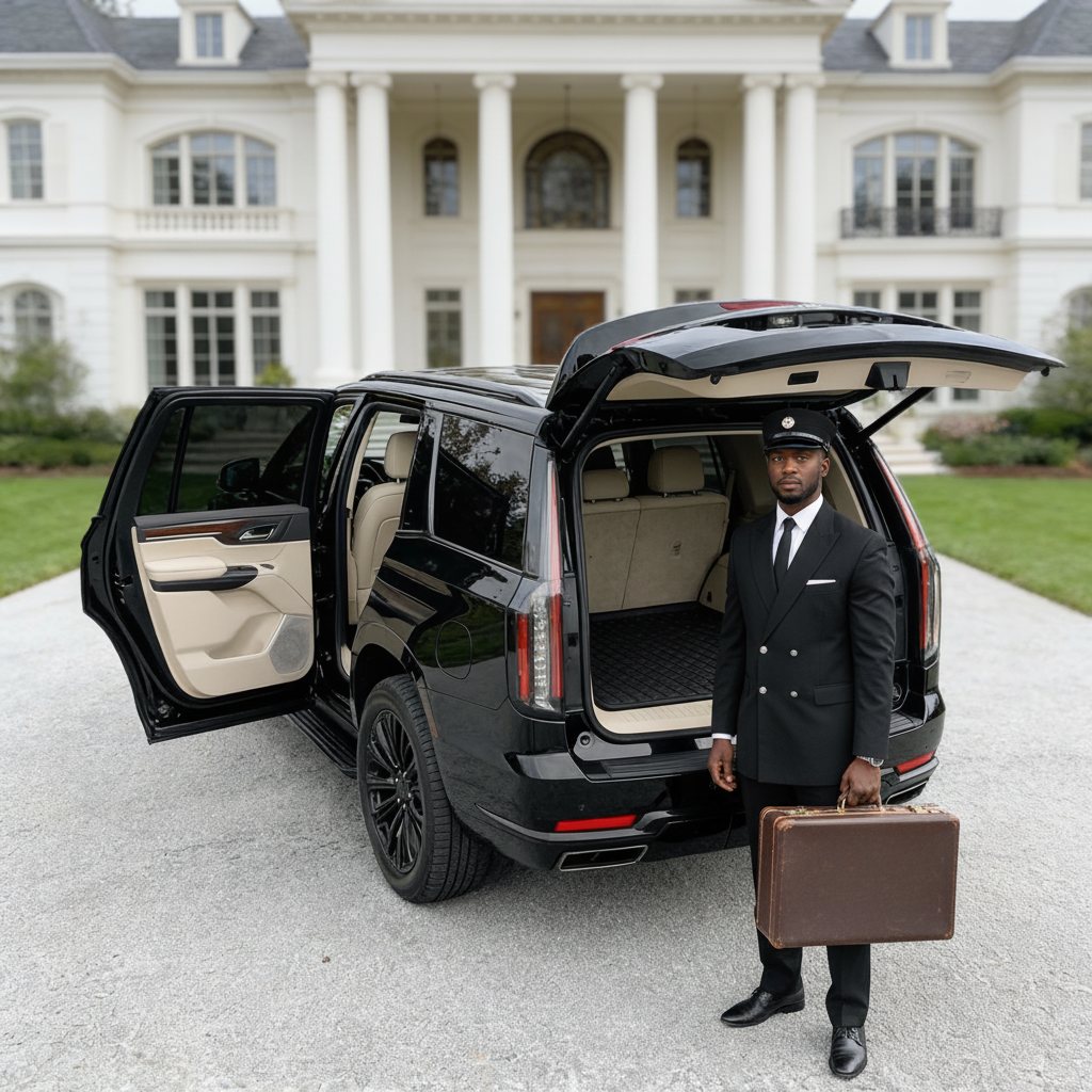 Burks chauffeur at an estate with luggage