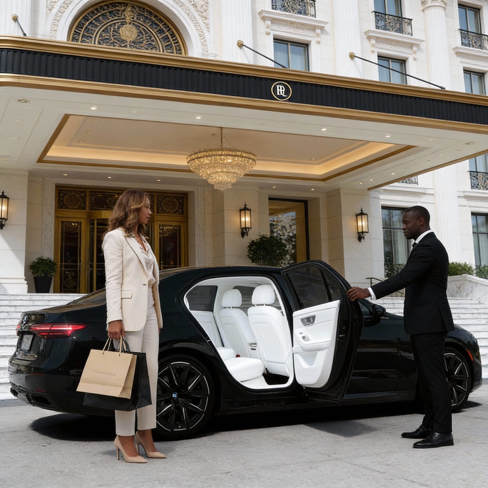 Chauffeur opening door for client at a grand hotel