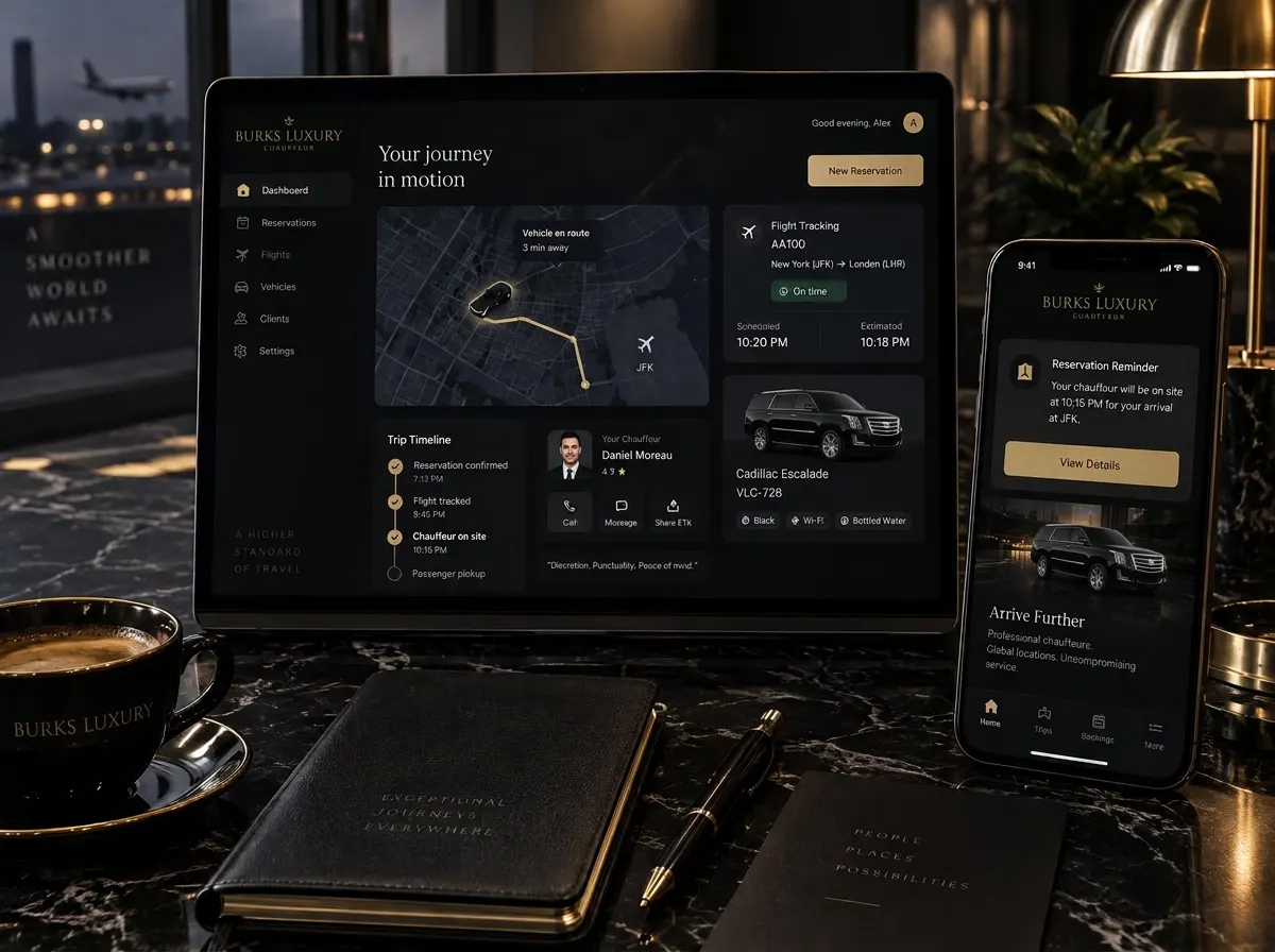 Burks booking dashboard showing live trip, flight tracking and reminders