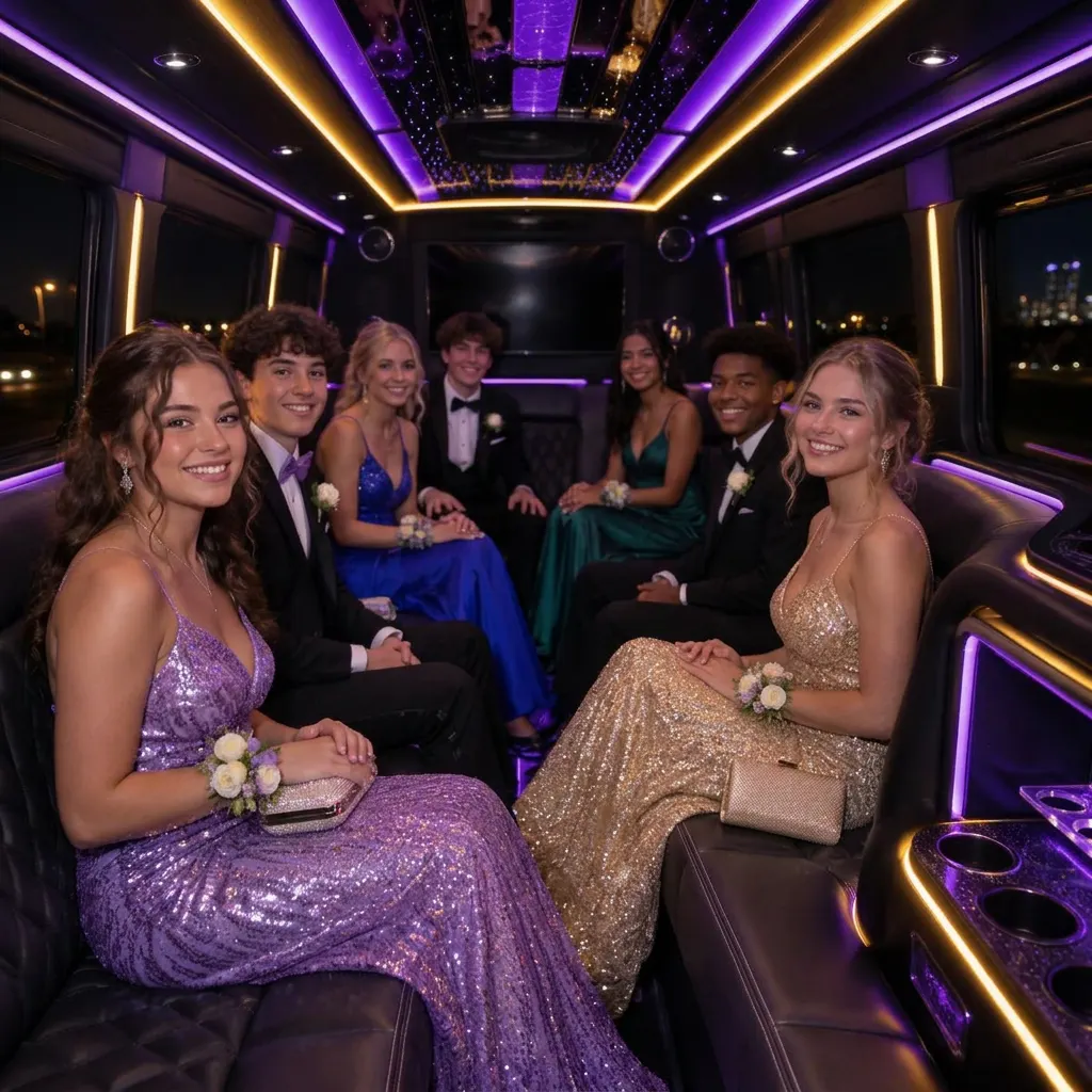 Prom friends inside a lit-up Limo Sprinter cabin