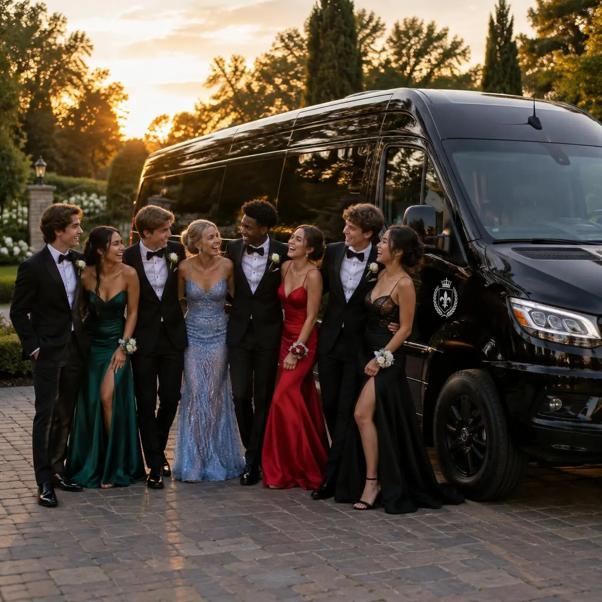 Prom group laughing beside a black Burks Sprinter at sunset