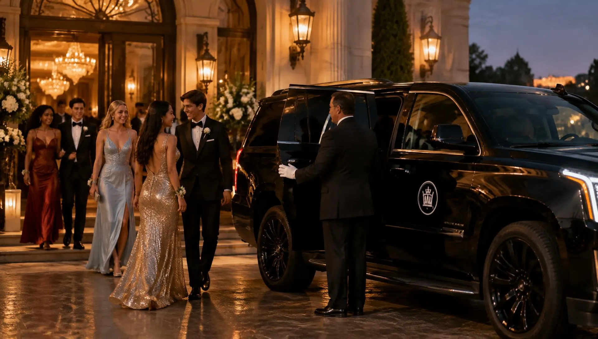 Prom couples arriving beside a black Burks Escalade as the chauffeur holds the door