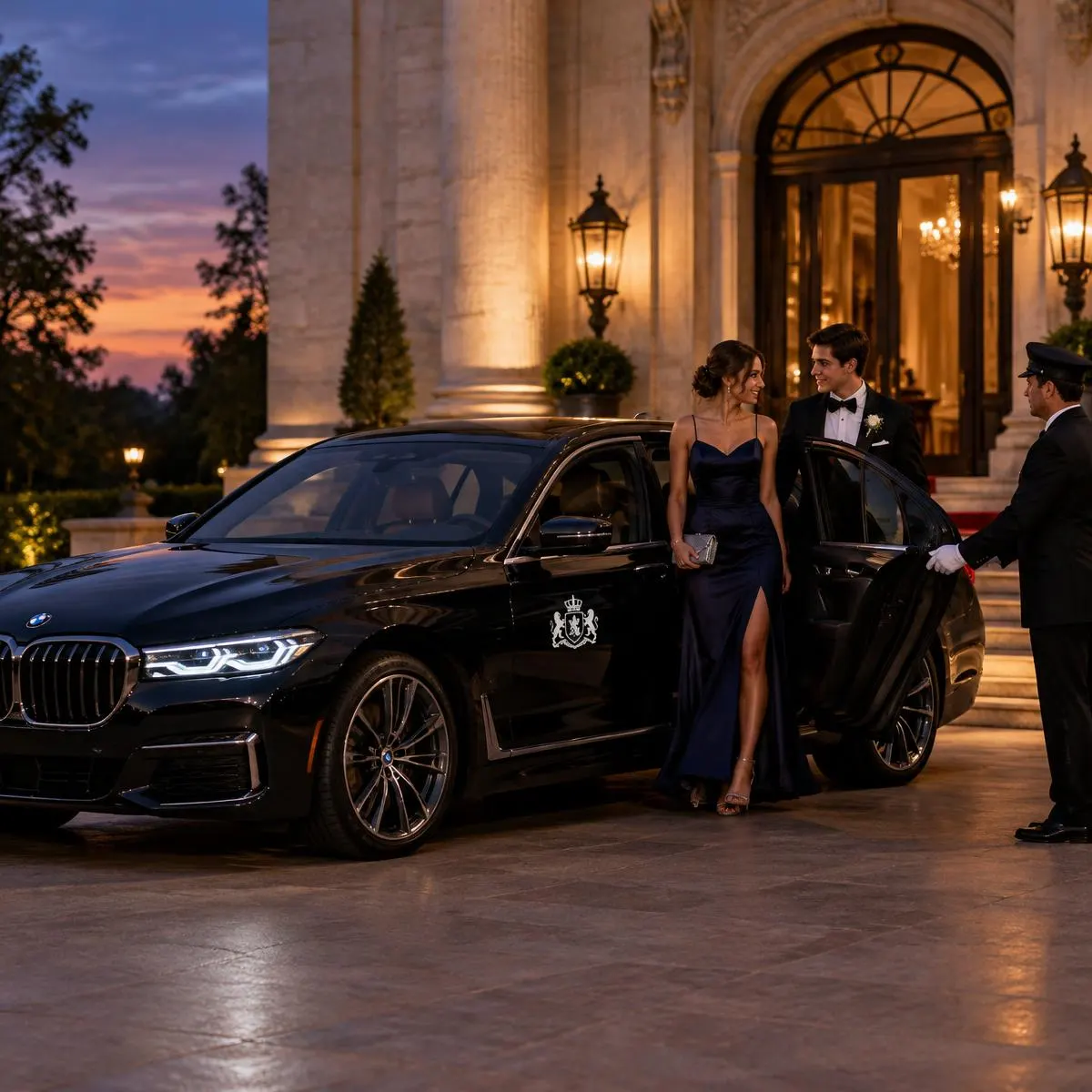 Prom couple stepping out of a black Burks BMW 7 Series