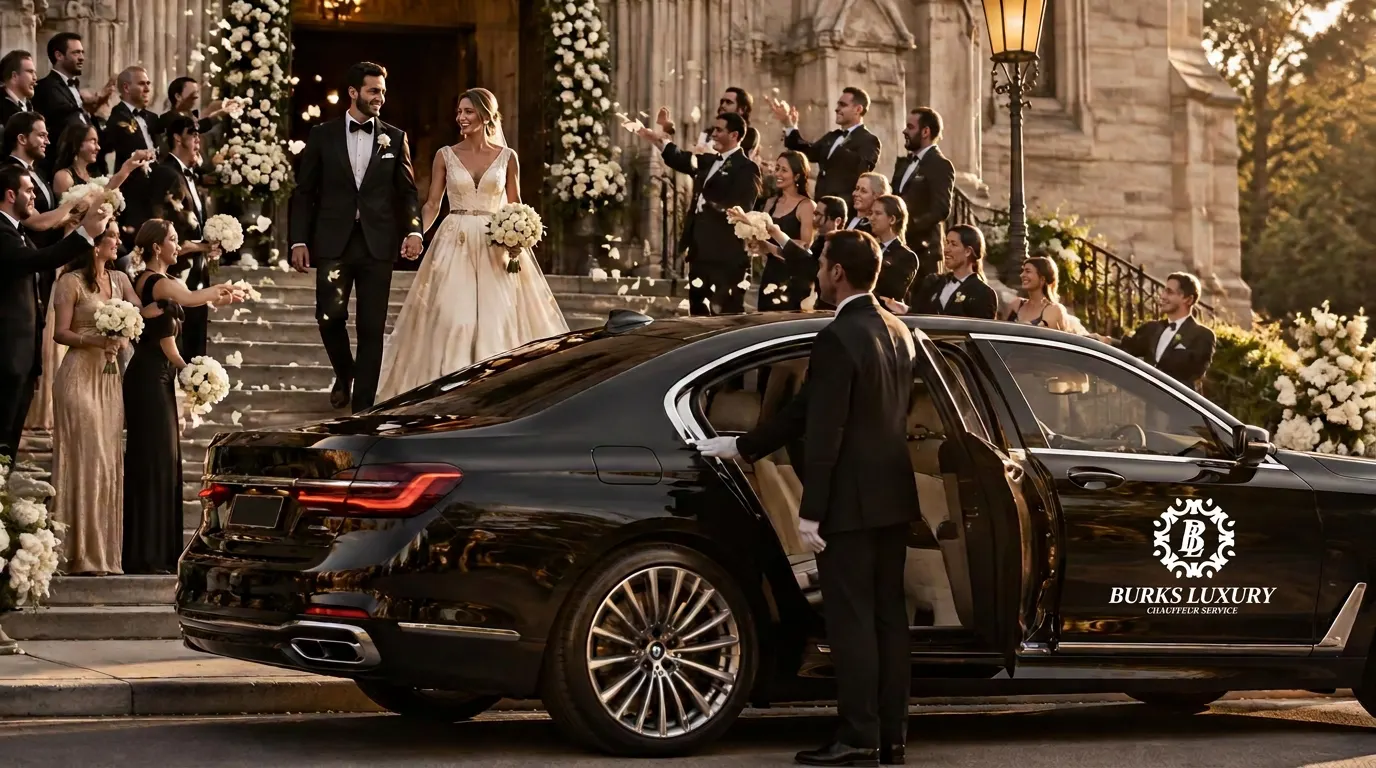 Newlyweds leaving the church as a Burks chauffeur holds open the door of a black sedan